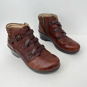 Alegría Indi brown distressed leather side zip straps wedge ankle boots